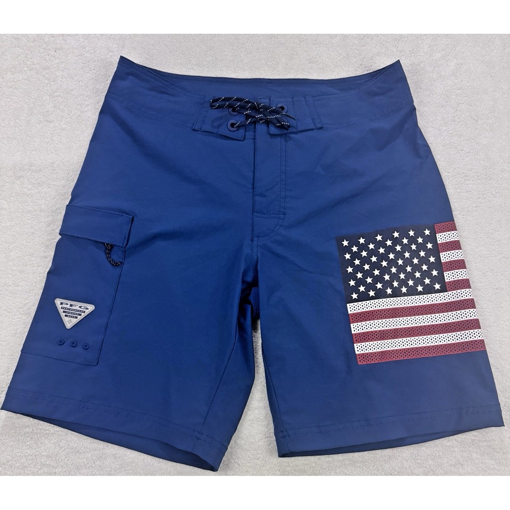 Columbia Swim Board Shorts Men 32x9" Blue Drawstring Flag PFG NWOT UPF 50